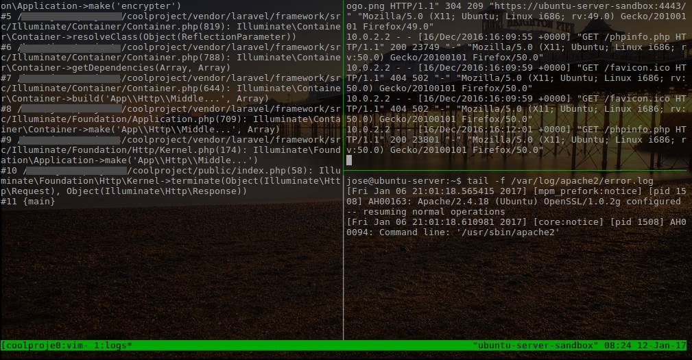 Tmux window and splits for logs